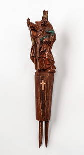 Large 19th C. Vampire Killing Stake Surmounted by Figure of of a Saint: Large 19th Century European Vampire Killing Stake Surmounted by Figure of of a Saint, with inset cross and three prongs. Size: 20'' x 4.5'' x 4'' (51 x 11 x 10 cm). Provenance: Ex. VAMPA Vampire &