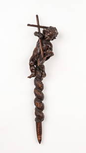 19th C. Ornate Vampire Slayer Stake: 19th Century European Ornate Vampire Slayer Stake in the form of the Infant Christ Holding a Cross Seated Atop a Solomonic Column. Size: 27'' x 5.5'' x 5.25'' (69 x 14 x 13 cm). Provenance: Ex. VAMPA