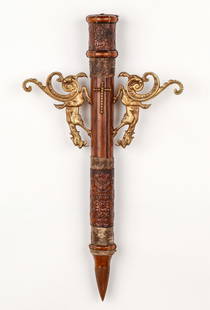 19th C. Gilt Bronze Dragon Mounted Vampire Stake: 19th Century European Gilt Bronze Dragon Mounted Vampire Stake. Size: 23'' x 12.75'' x 2.25'' (58 x 32 x 6 cm). Provenance: Ex. VAMPA Vampire & Paranormal Museum Collection, NJ; Private Collection.