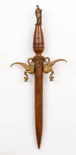 19th C. Gilt Bronze Dragon Mounted Vampire Slayer Stake: 19th Century European Gilt Bronze Dragon Mounted Vampire Slayer Stake. surmounted by a figure of a knight, small inset crucifix. Size: 24.5'' x 9.5'' x 2.25'' (62 x 24 x 6 cm). Provenance: Ex. VAMPA
