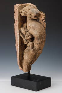 Ancient Indian Architectural Stone Temple Carving of a Figure Riding a Yali: Ancient Indian Architectural Stone Temple Carving of a Figure Riding a Yali. On stand. Similar 11th century CE example, at the National Museum of Scotland, Edinburgh, UK, see https://www.worldhistory.