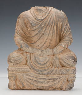 Early Indian, Gandharan Gray Schist Fragmentary Seated Buddha: Early Indian, Gandharan, Gray Schist Fragmentary Figure of Seated Buddha. Size: 10'' x 8.5'' x 2.5'' (25 x 22 x 6 cm).