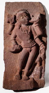 Indian Carved Sandstone Frieze of Hanuman Drinking From A Bowl, 10th C.: Indian Carved Sandstone Frieze of Hanuman Drinking From A Bowl, 10th C. Provenance: ex collection New Jersey Dealer; ex European collector, 1990s. Size: 28.5'' x 14'' x 4.5'' (72 x 36 x 11 cm).