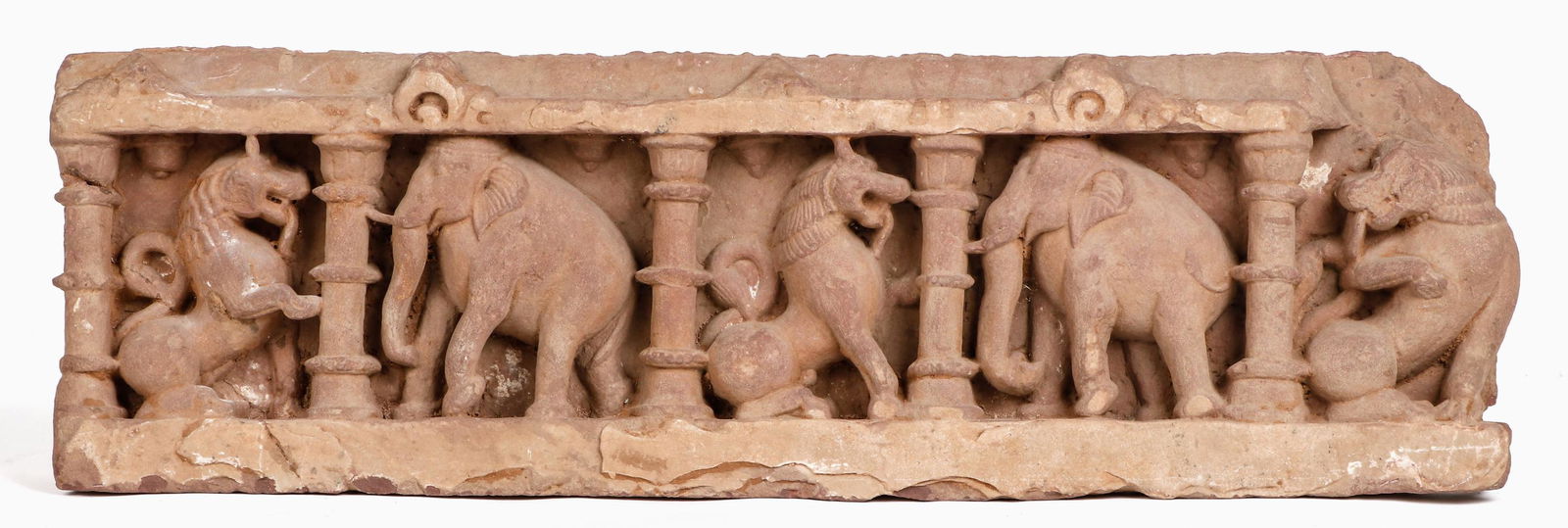 Ancient Indian Carved Sandstone Frieze of Elephants and Rampant Lions (1 of 4)