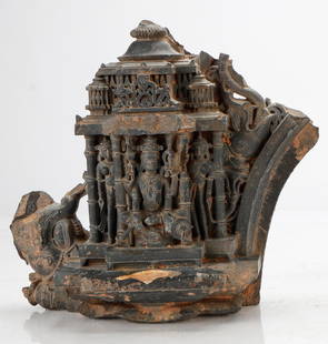 Ancient Indian Carved Schist Architectural Archway Element: Ancient Indian Carved Schist Architectural Archway Element. Intricately carved with Vishnu and consorts in a temple, and elephants. Size: 1) 15'' x 17'' x 8'' (38 x 43 x 20 cm).