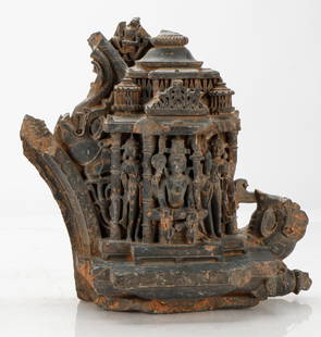 Ancient Indian Carved Schist Architectural Archway Element: Ancient Indian Carved Schist Architectural Archway Element. Intricately carved with Vishnu and consorts in a temple, and elephants. Size: 16.25'' x 18'' x 8'' (41 x 46 x 20 cm).