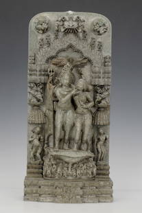 Indian Stone Carving of Hindu Deities: Indian Stone Carving of Vishnu and Parvati. Size: 20'' x 9.5'' x 4.5'' (51 x 24 x 11 cm).