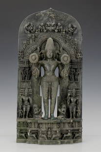 Indian Stone Carving of Vishnu, Consorts and Hindu Deities: Indian stone carving of Vishnu, surrounded by consorts and other Hindu Deities. Very detailed carving and in excellent condition. Size: 20'' x 10'' x 4.5'' (51 x 25 x 11 cm).