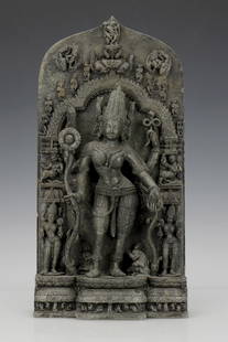 Indian Stone Carving of Vishnu, Consorts and Hindu Deities: Indian stone carving of Vishnu, surrounded by consorts and other Hindu Deities. Very detailed carving and in excellent condition. Size: 21'' x 10.5'' x 4.5'' (53 x 27 x 11 cm).