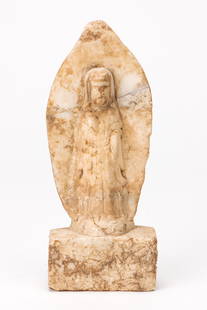 Antique Chinese Carved White Marble Figure of a Standing Bodhisattva: Antique Chinese Carved White Marble Figure of a Standing Bodhisattva. In Northern Wei-Northern Qi style, with flame-shaped mandorla and rectangular base. Provenance: Ex collection of Dr. Horacio