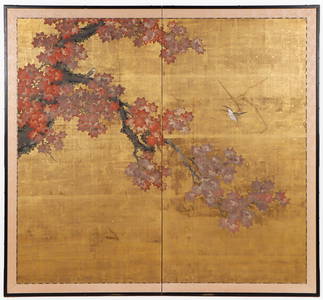 Japanese 2-Panel Folding Screen With Birds And Maple Leaves, Edo Period