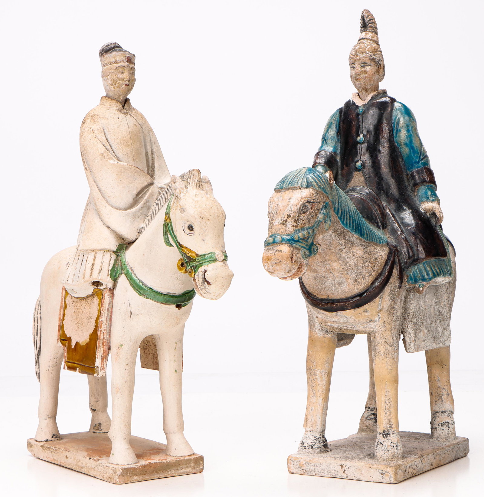 2 Chinese Glazed Pottery Female Equestrian Horse and Riders, Ming Dynasty.: 2 Chinese Glazed Pottery Female Equestrian Horse and Riders, Ming Dynasty. Provenance: Ex collection of Dr. Horacio Fabrega, Pittsburgh, PA. Size: 1) 14.5'' x 12'' x 5.25'' (37 x 30 x 13 cm); 2) 13.75