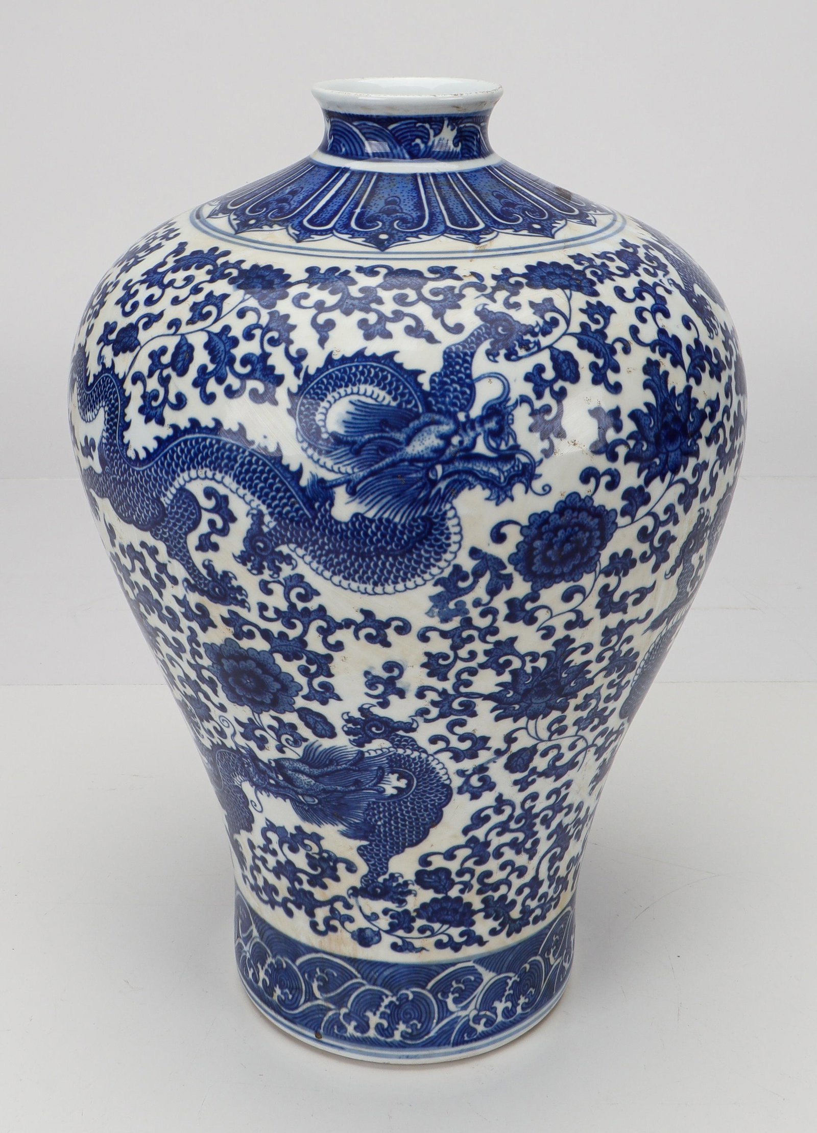 Chinese Blue & White Porcelain Dragon Vase: Chinese Blue & White Porcelain Dragon Vase. Base with blue 6-character mark. Size: 16'' x 12'' (41 x 30 cm).
