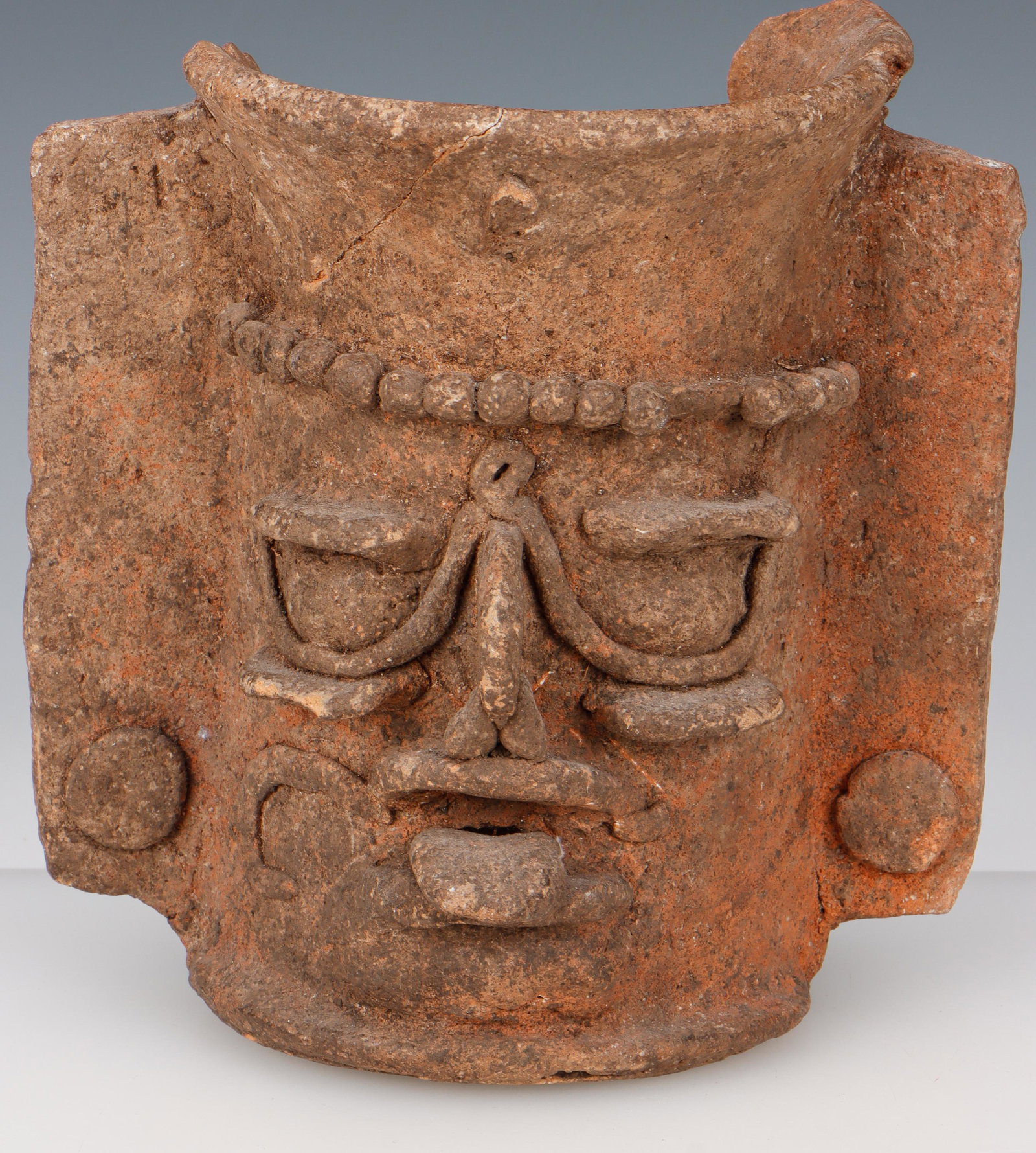Pre-Columbian Mayan Incensario, Late Classic: Pre-Columbian Mayan Incensario, Late Classic. Pottery, portrays the Jaguar Lord of Night. Provenance: From a Virginia Collection. Size: 7.75'' x 7.5'' x 5.75'' (20 x 19 x 15 cm).