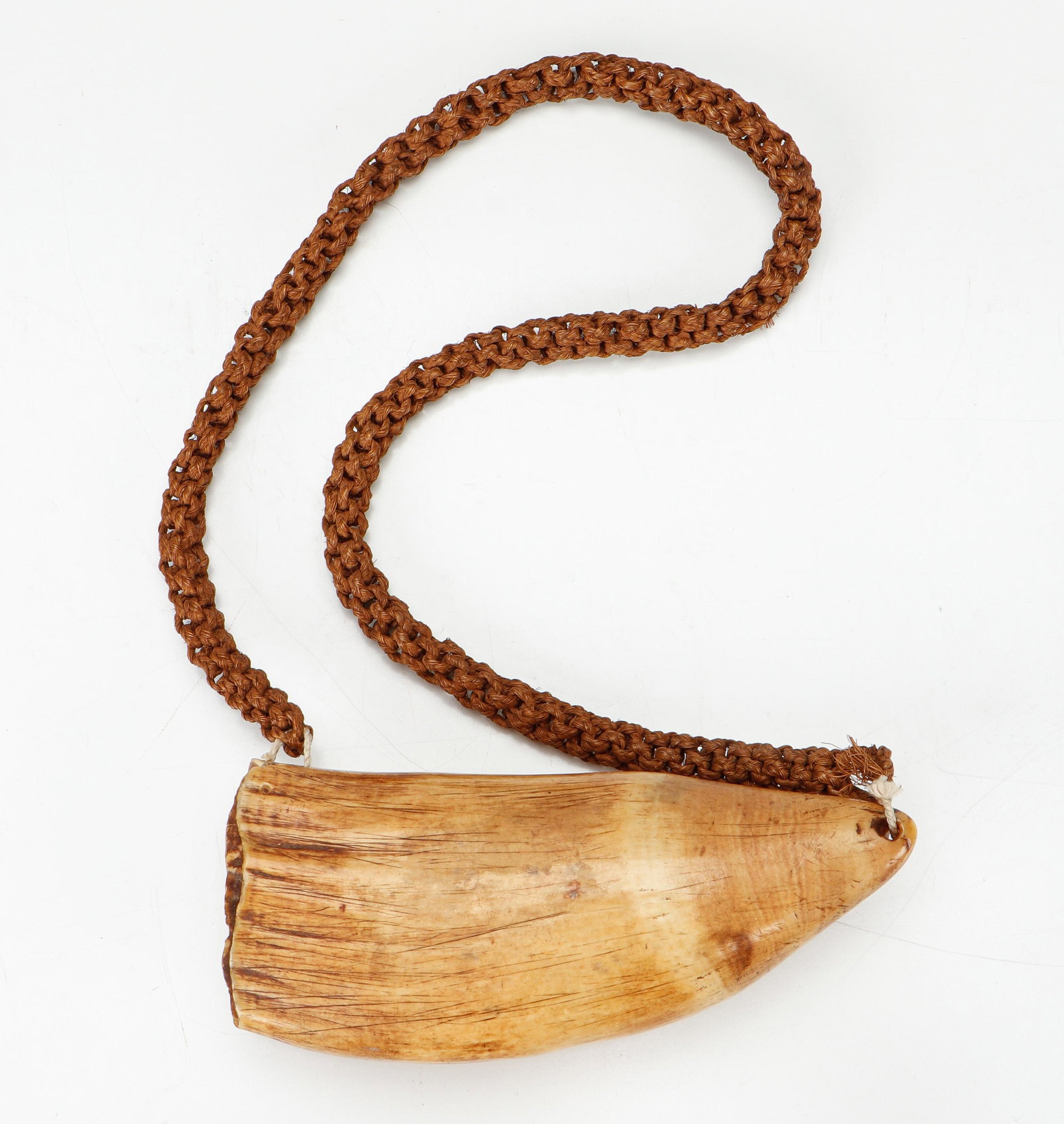 Fijian Sperm Whale Tooth Tabua Chief Pendant: Fijian Sperm Whale Tooth Tabua Chief Pendant. Sperm whale tooth, braided coconut fibers, Fiji Islands. From the collection of Joseph Salamanca. Size: 3'' x 6.5'' x 2'' (8 x 17 x 5 cm). Length: 24" (61