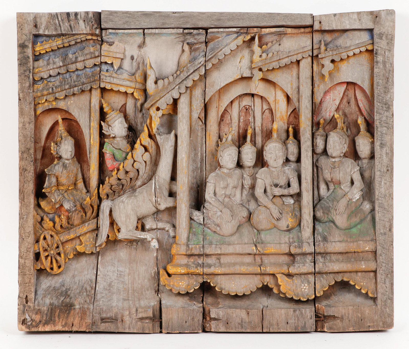Thai Wooden Relief Sculpture: Thai Wooden Relief Sculpture. Carved wood and pigment. Provenance: Ex. Roger Hollander collection. Size: 30.75'' x 36'' x 2.75'' (78 x 91 x 7 cm).