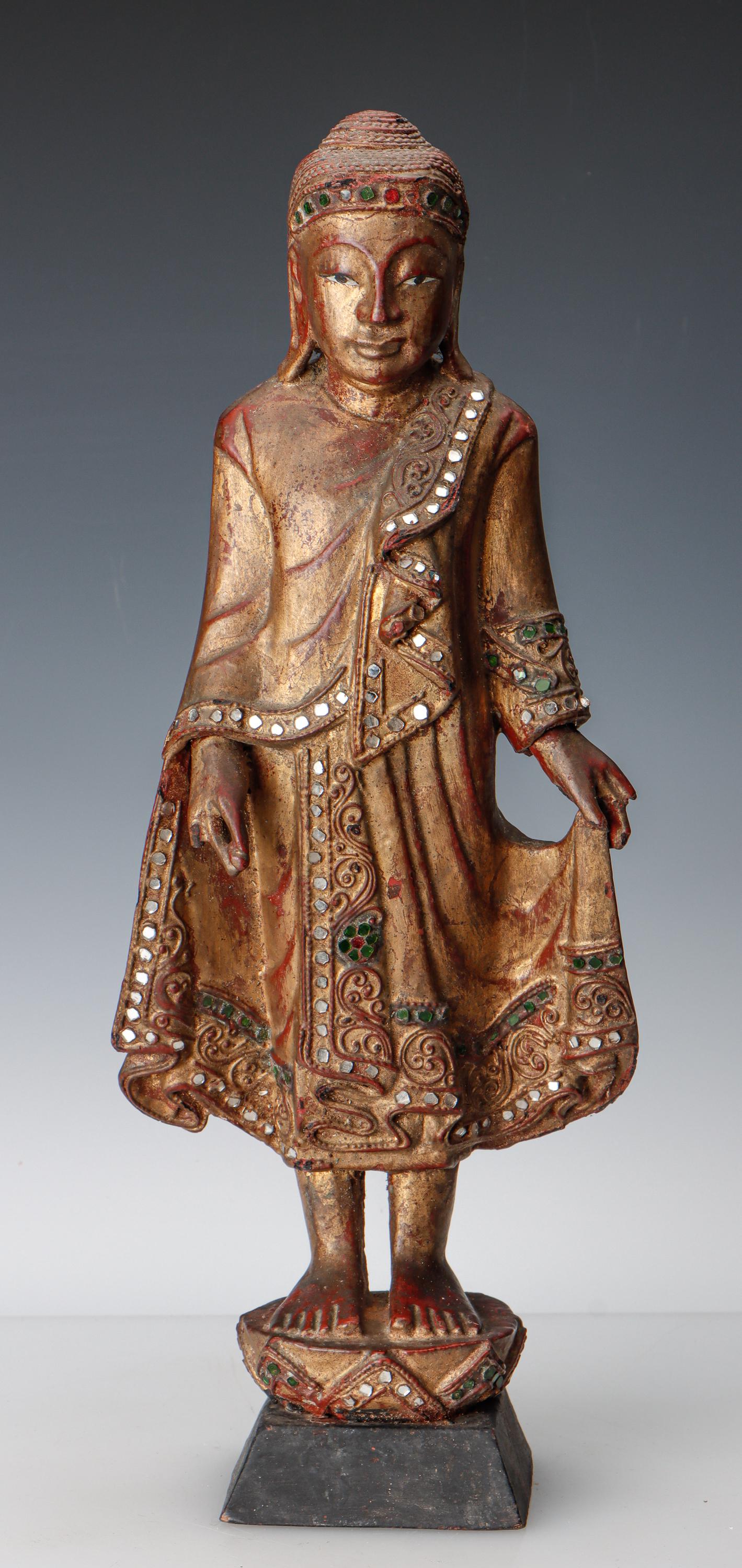 Thai Gilt, Lacquered and "Jeweled" Carved Wood Standing Buddha (1 of 4)