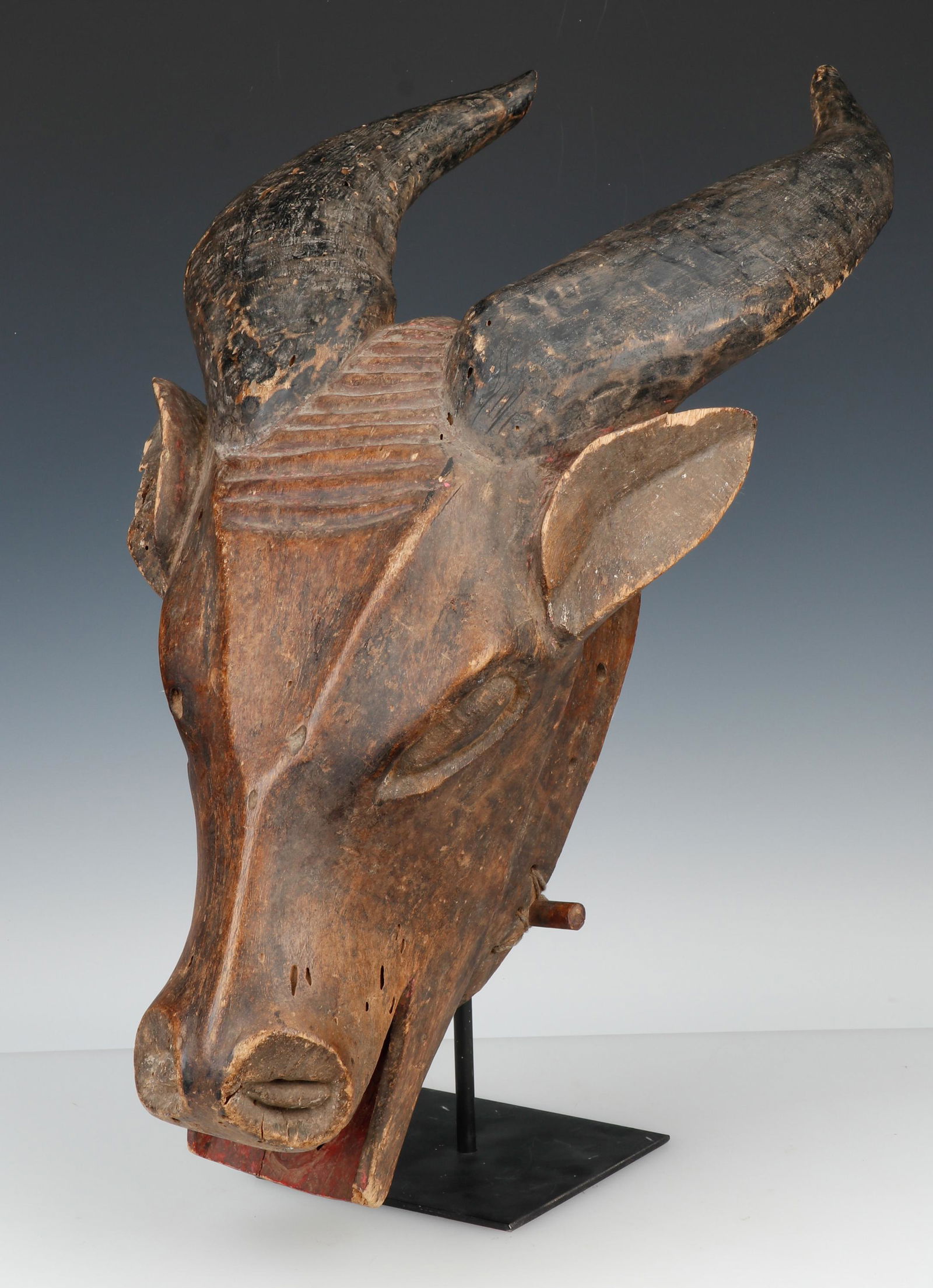 African Guro Buffalo Mask, Ivory Coast: African Guro Buffalo Mask, Ivory Coast. Carved wood and pigment. Stand not included. Size: 27'' x 14'' x 9'' (69 x 36 x 23 cm). Provenance: Ex. collection Karim Deen.