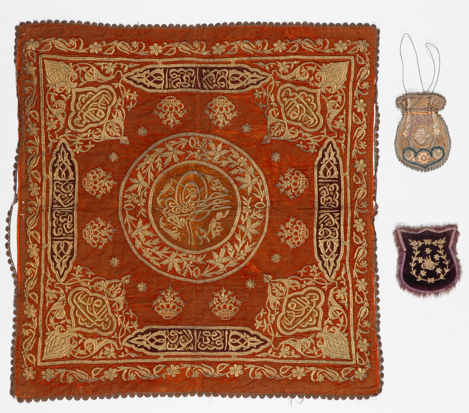 Antique Ottoman Pumpkin-Colored Embroidered Velvet Square With Tugra (1 of 3)