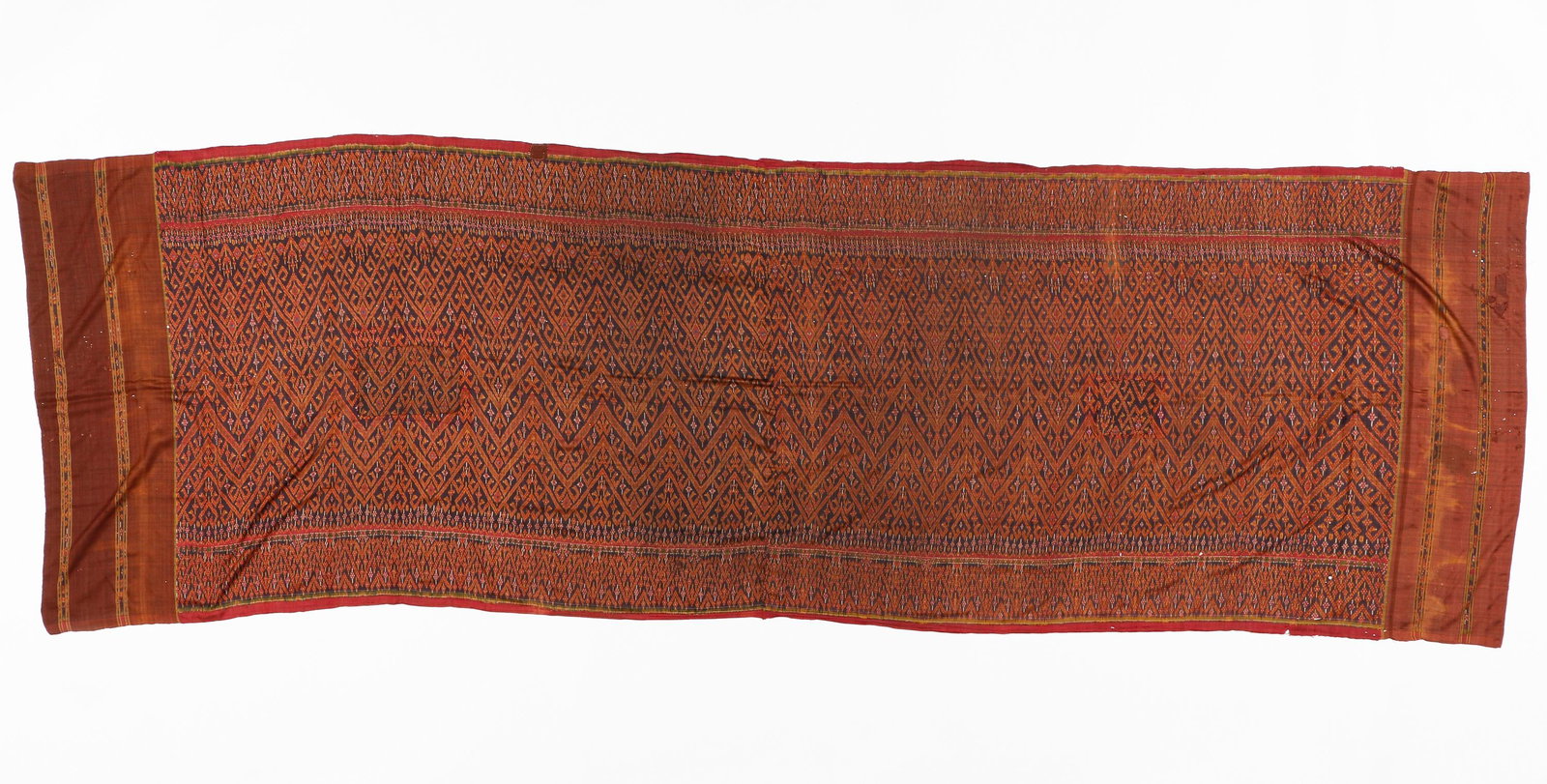 Cambodian Silk Ikat Hipwrapper (Sampot Hol), Late 19th-Early 20th C.: Cambodian Silk Ikat Hipwrapper (Sampot Hol), Late 19th-Early 20th C. Silk, weft ikat, twill weave. Small holes, several repairs. Size: 9'7'' x 3'0'' (292 x 91 cm).