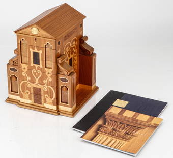 David Linley Architectural Jewelry Box: David Linley (20th c.) Architectural Jewelry Box. In the form of a Dutch Baroque church, constructed of numerous exotic and specimen woods and inlays, the hinged roof opening to reveal compartment jew