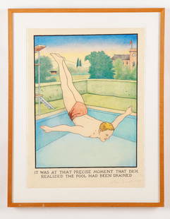 Glen Baxter (American, B. 1944) "It was at that precise moment that Dick realized that the pool had: Glen Baxter (American, B. 1944) "It was at that precise moment that Dick realized that the pool had been drained," 1985, color pencil on paper, signed and dated. Framed. Verso with Holly Solomon Galle