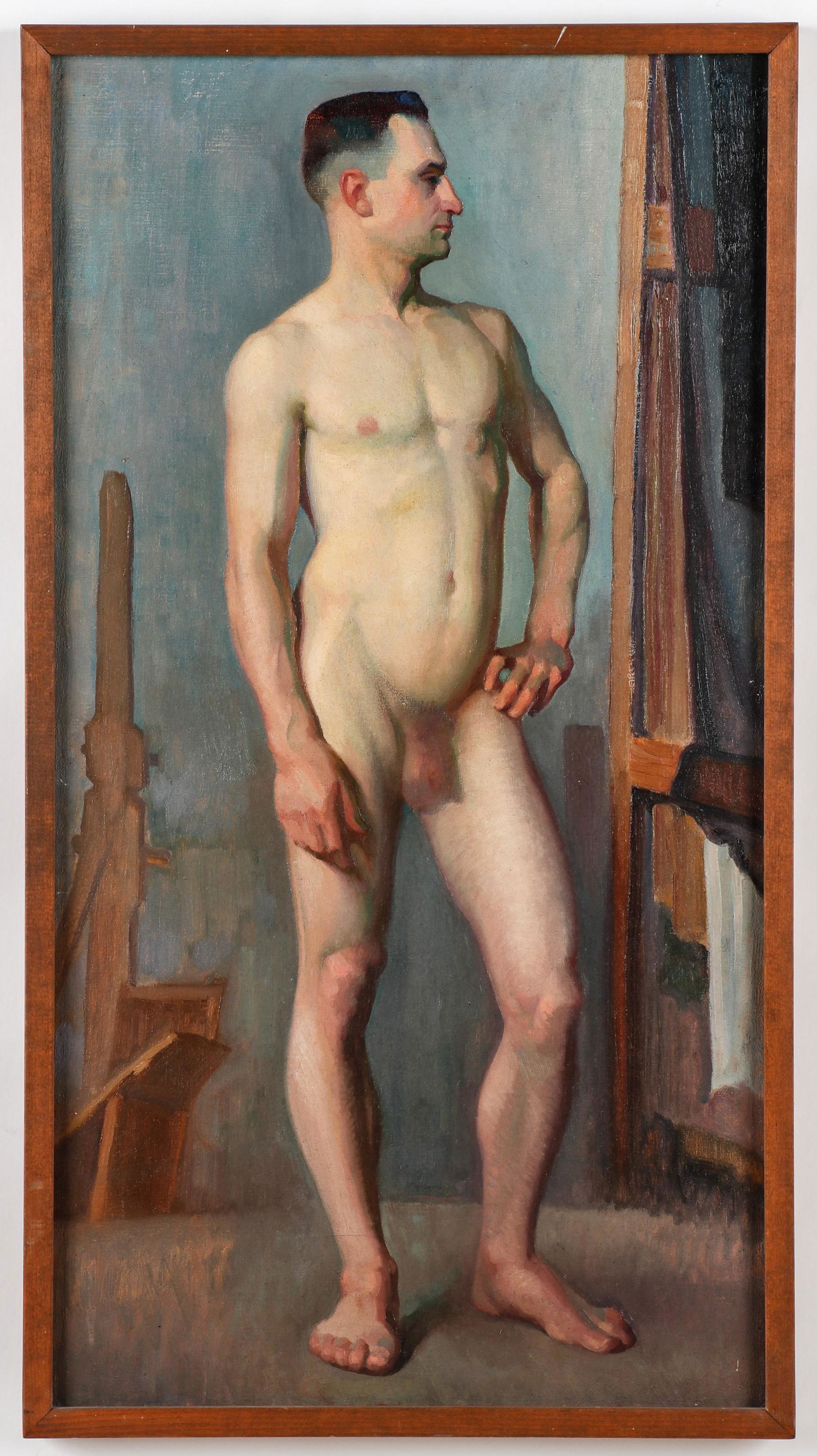 American School (20th C.) Male Nude: American School (20th C.) Male Nude Figure Painting, oil on canvas. With tag attributing the work to Arthur Meltzer (American, 1893-1989). Framed. Size: 30'' x 16'', 76 x 41 cm (stretcher); 31'' x 17'