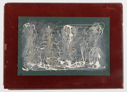 Minna Citron (1896-1991) "Worlds Collide", 1951: Minna Wright Citron (American, 1896-1991) "Worlds Collide", 1951, lacquer and oil painting on panel. Framed. Size: 10'' x 15'', 25 x 38 cm (panel); 14.75'' x 20.25'', 37 x 51 cm (backing).