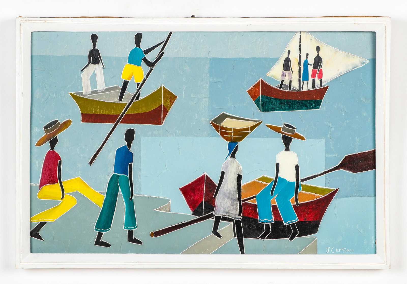 Joseph Cameau (b. 1948) "Village Coastline with Boats": Joseph Cameau (Haitian, b. 1948) Village Coastline with Boats, painting on board, signed. Framed. Size: 15'' x 23.25'', 38 x 59 cm (sight); 17'' x 25.25'', 43 x 64 cm (frame).