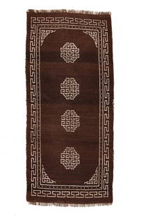 Tibetan Monastery Rug, 19th C., 2'9'' x 6'1'': Tibetan Monastery Rug, 19th C., 2'9'' x 6'1'' (84 x 185 cm). Weight: 9 lbs. Material: wool pile, wool warp, wool weft.