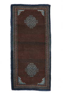 19th C. Tibetan Rug, 2'3'' x 4'9'': 19th C. Tibetan Rug, two medallions on an open field with lotus petal corners, 2'3'' x 4'9'' (69 x 145 cm). Weight: 5 lbs. Wool.