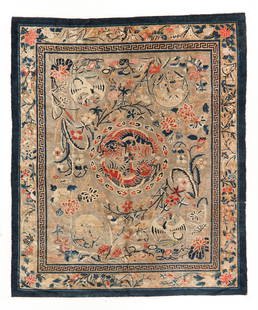 Fine Double Foo Lion Rug, China, 19th C., 7'9'' x 9'5'': Fine Double Foo Lion Rug, China, 19th C., 7'9'' x 9'5'' (236 x 287 cm). Weight: 25 lbs. Material: wool pile, cotton warp, cotton weft.