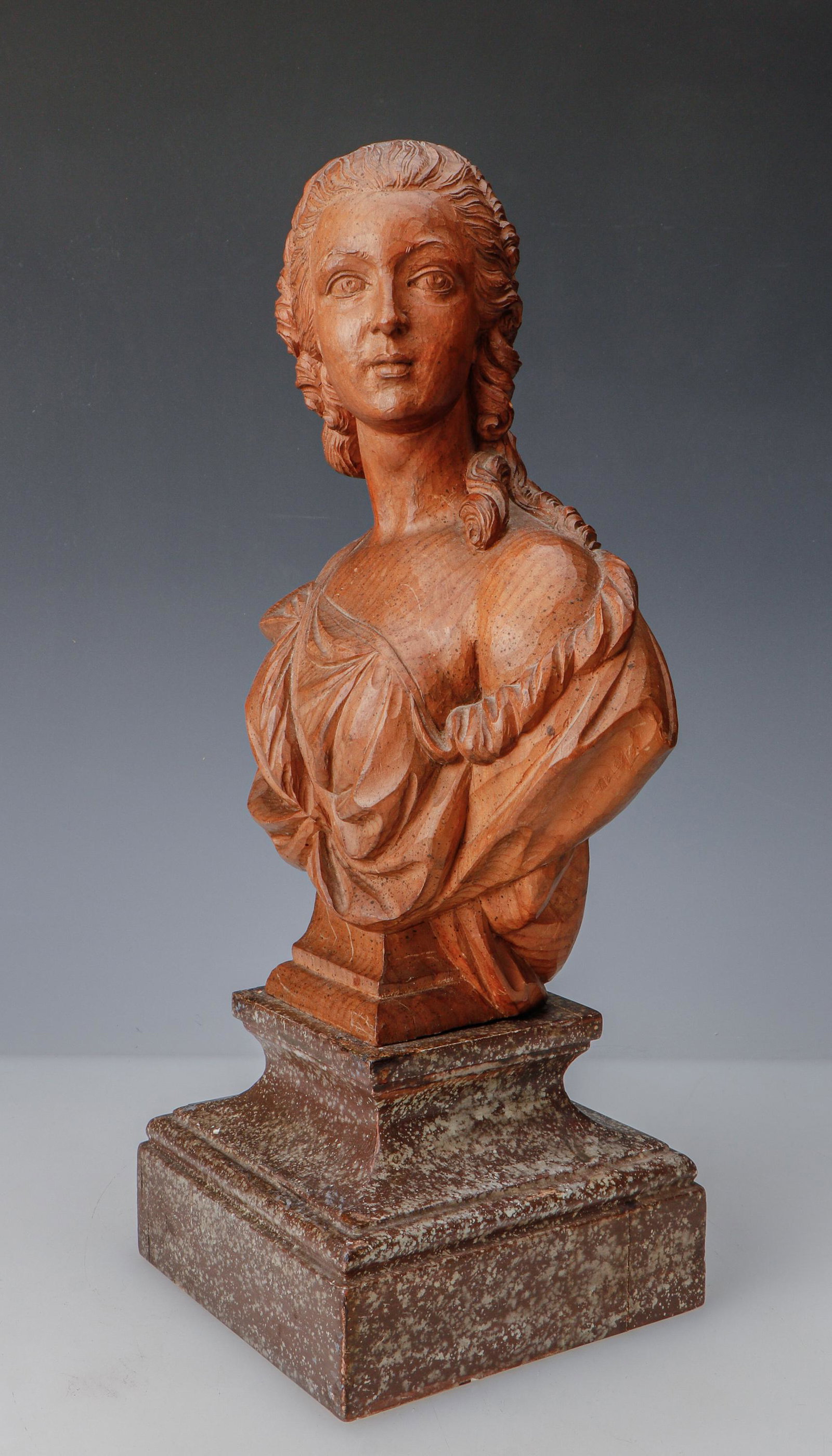 French Hand-Carved Wood Female Bust, On Stone Base (1 of 5)
