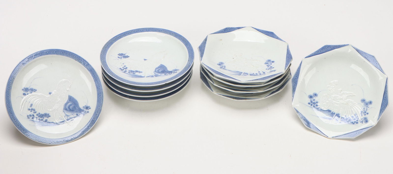 10 Japanese Blue & White Porcelain Relief Molded Plates (1 of 3)