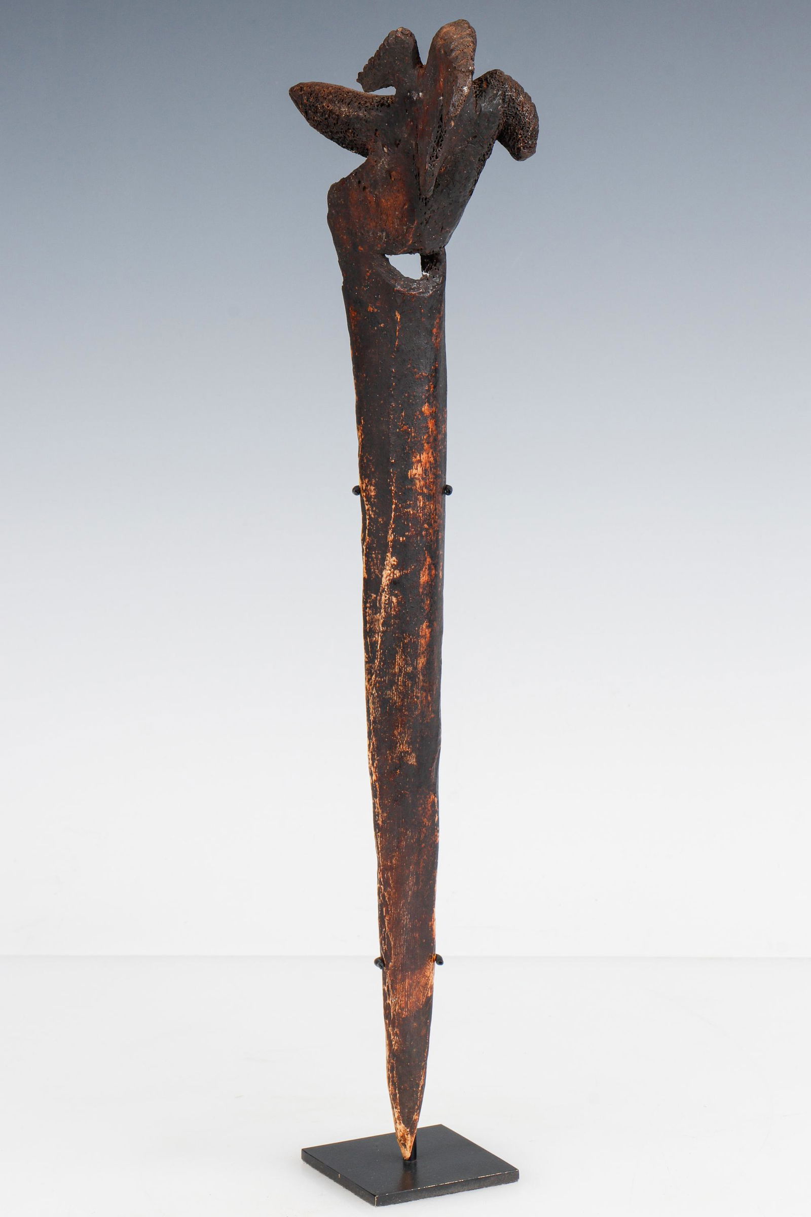 Abelam Bone Dagger with Bird Handle, PNG: Abelam Bone Dagger with Bird Handle, PNG. Size: 17'' x 2'' x 5.5'' (43 x 5 x 14 cm); Height on stand: 17'' (43 cm). Private San Francisco CA. collection.