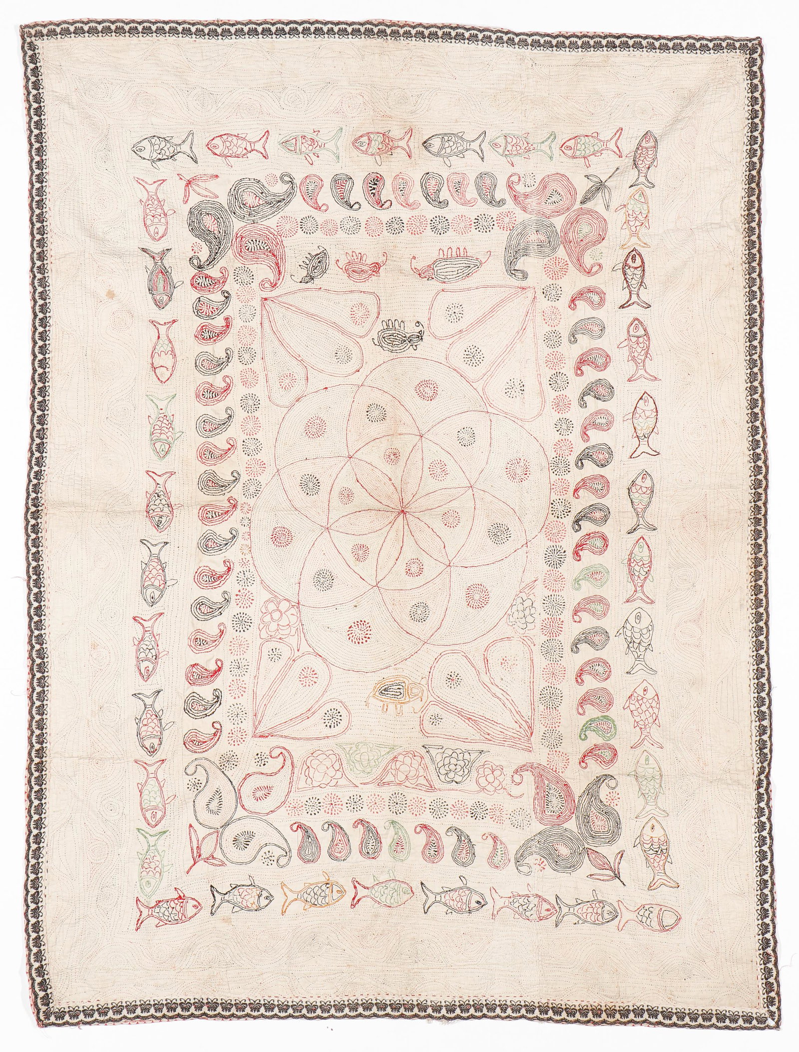 Embroidered Kantha Quilt Textile, Bengal, Early 20th C. (1 of 3)