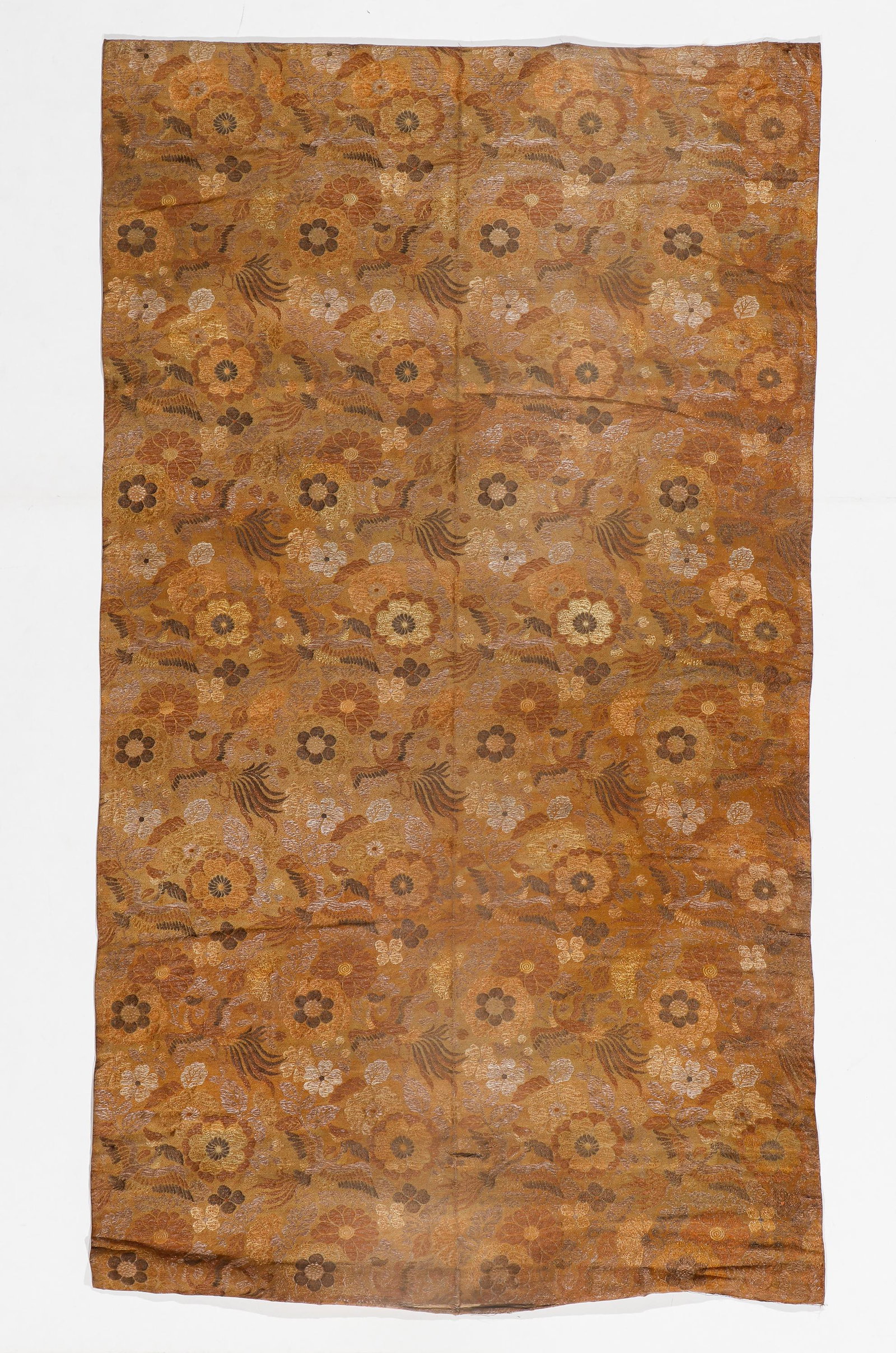 Japanese Loomwidth Silk Brocade: Japanese Loomwidth Silk Brocade With Phoenix And Floral Motif, Early 20th C. Size: 2'2'' x 3'9'' (66 x 114 cm).