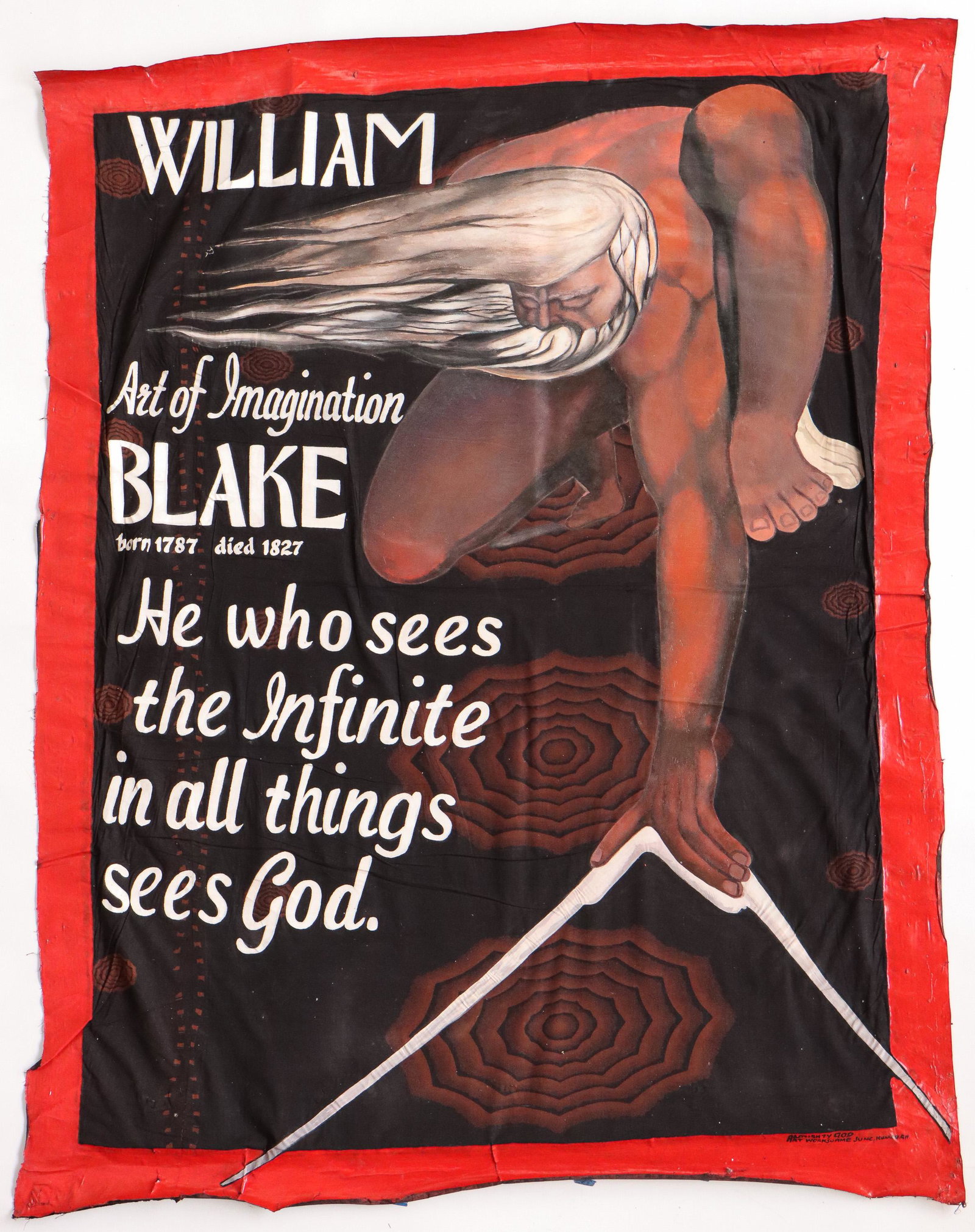 Kwame Akoto (a.k.a. Almighty God) (Ghanaian, B. 1950): Kwame Akoto (a.k.a. Almighty God) (Ghanaian, B. 1950). "William Blake, Art of Imagination, He who sees the infinite in all things see God." Oil on canvas, singed. Size: 65'' x 50'' (165 x 127 cm).
