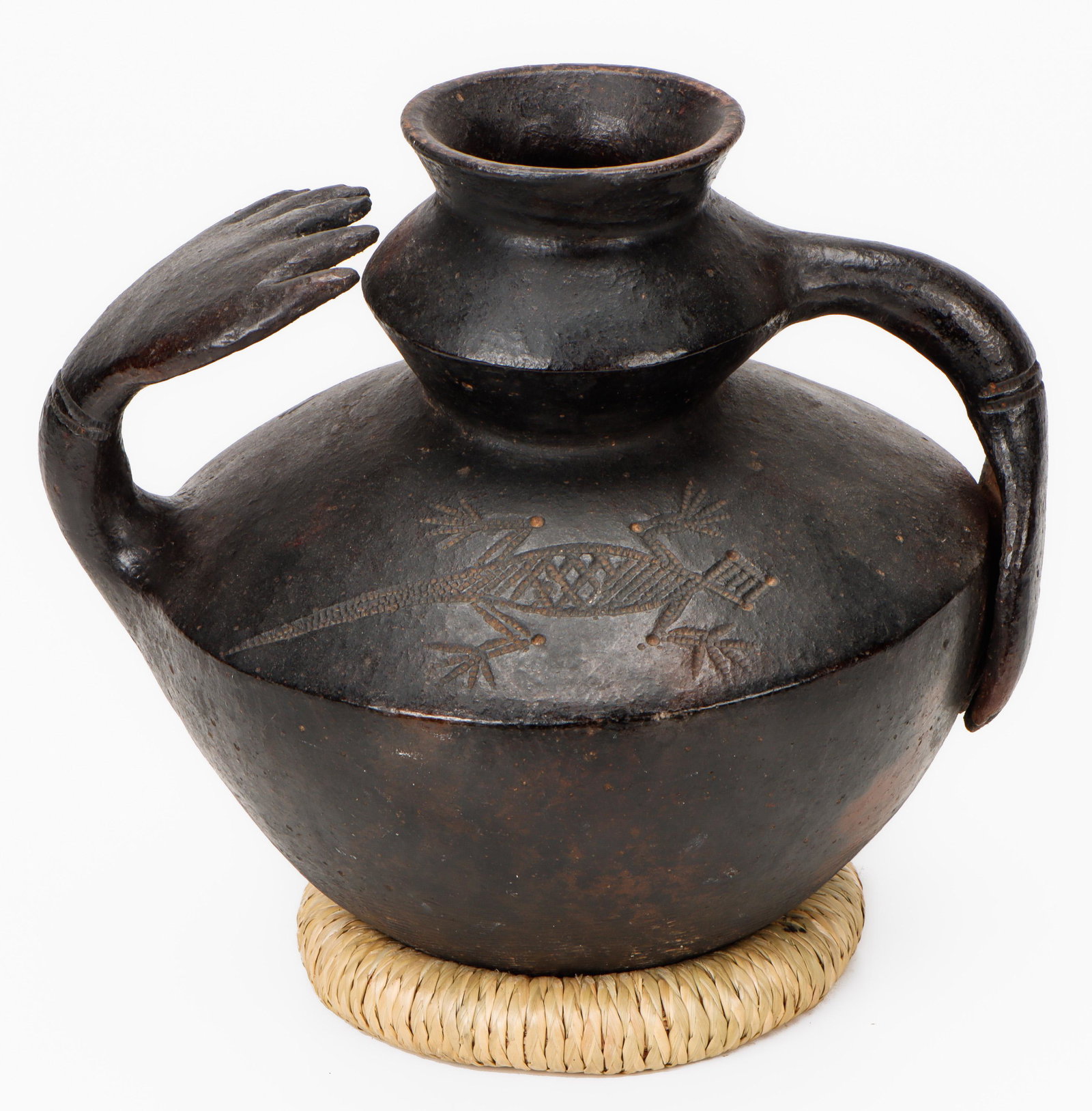 African Dagari Ritual Vessel, Burkina Faso: African Dagari Ritual Vessel, Burkina Faso. Pottery with incised snake decoration. Stand not included. Size: 11'' x 13'' x 10'' (28 x 33 x 25 cm).