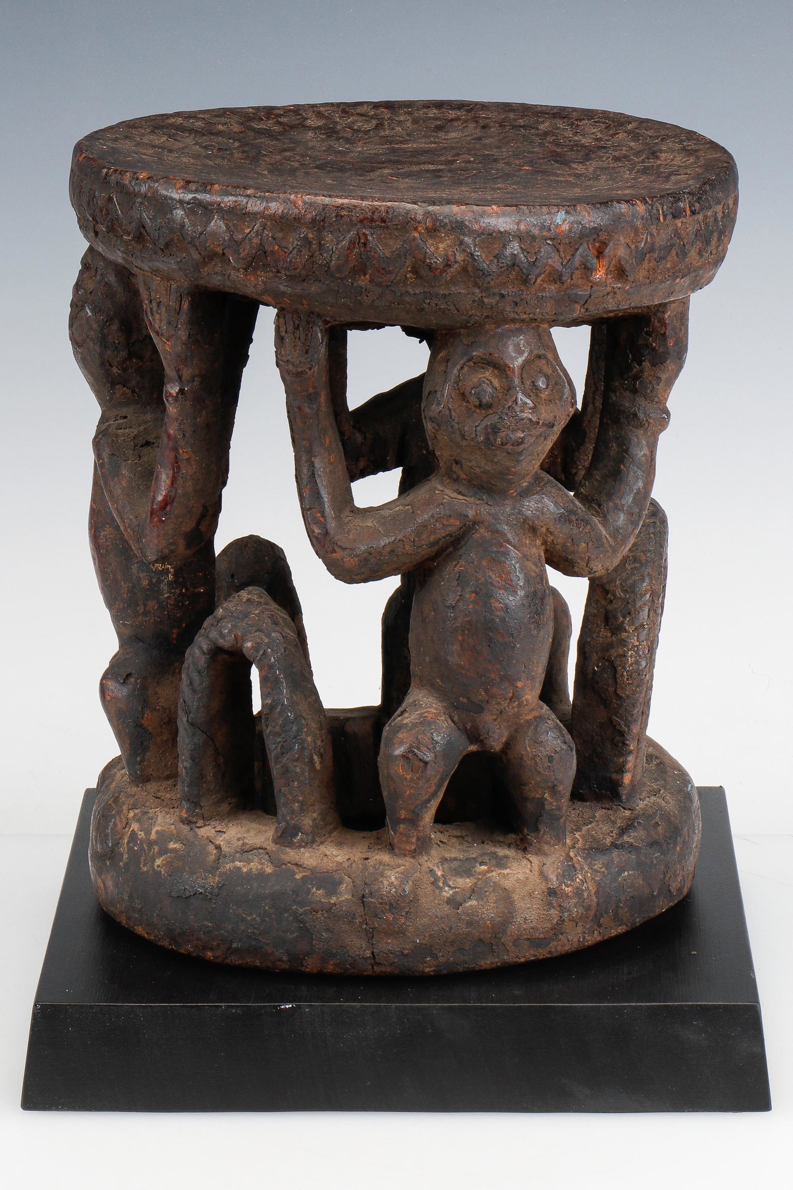 Archaic African Bamun Prestige Stool w/ 3 figures, 19th C. (1 of 5)