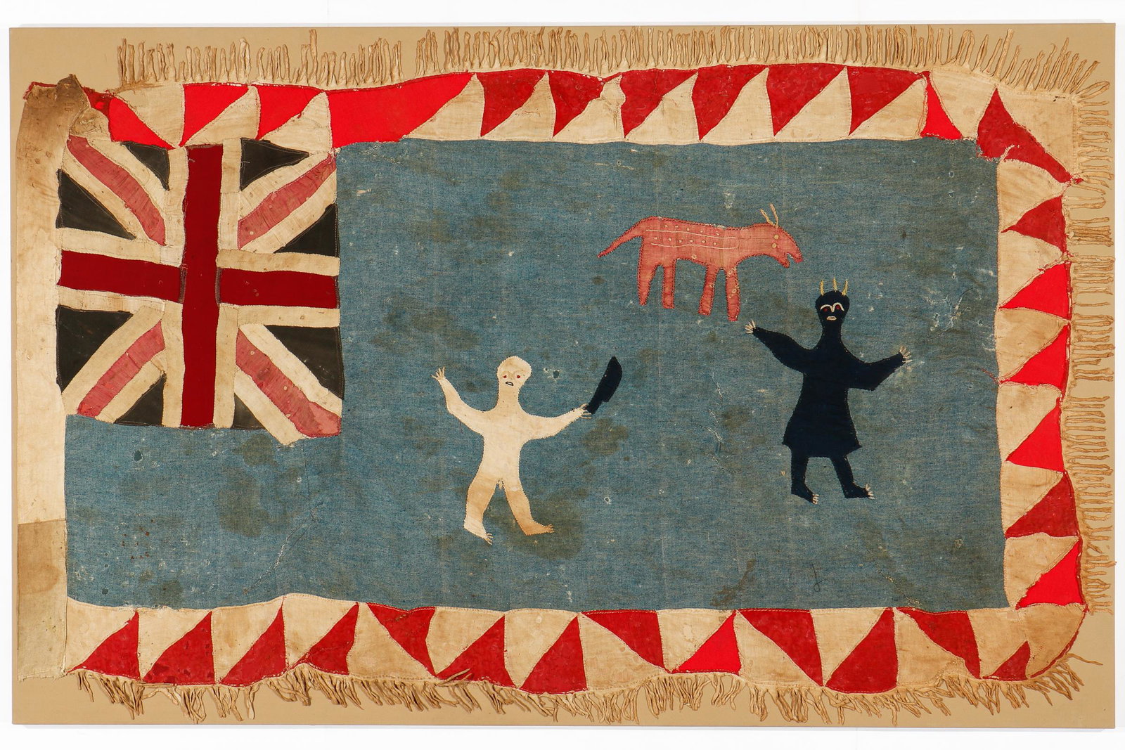 Antique African Asafo Flag, Ghana: Antique African Asafo Flag, Ghana. Cotton applique.Mounted. Size: 61'' x 38'', 155 x 97 cm (textile); 62'' x 39'', 157 x 99 cm (frame). Private New York collection.