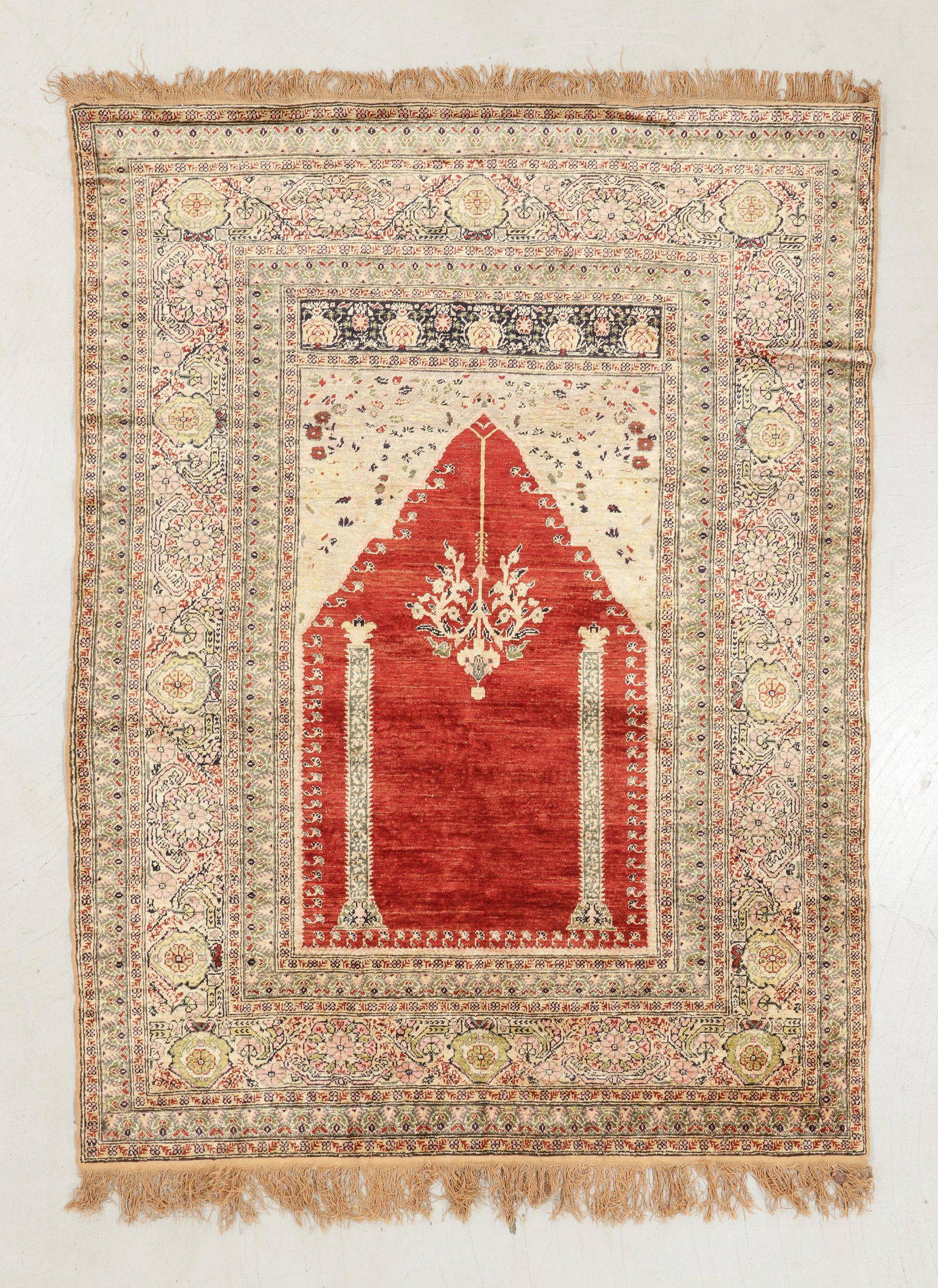 Kayseri Silk Prayer Rug, Turkey, Ca. 1900, 4'4'' x 5'11' (1 of 4)