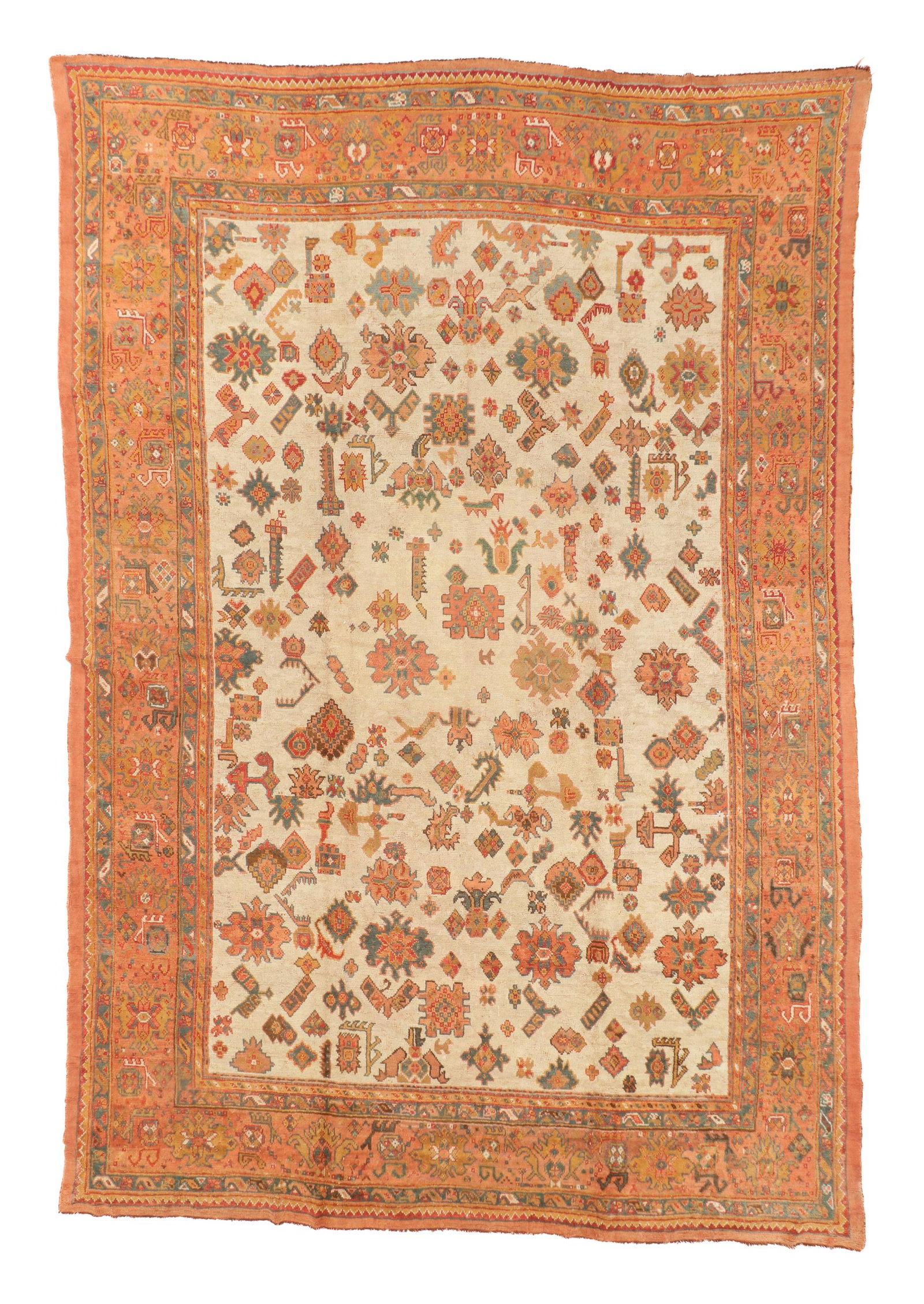 Mansion Size Oushak Rug, Turkey, Late 19th C., 12'5'' x 18'2'': Mansion Size Oushak Rug, Turkey, Late 19th C., 12'5'' x 18'2'' (378 x 554 cm). Weight: 91 lbs . Material: wool pile, wool warp, wool weft.