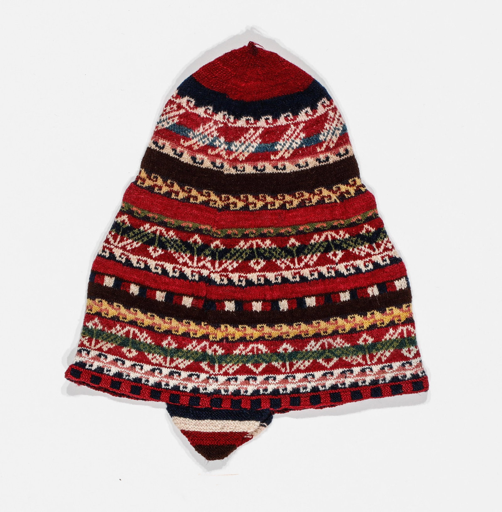 Textile Heirloom Child's Cap, Chullo Dept of La Paz, 19th C.: Textile Heirloom Child's Cap, Chullo Dept of La Paz, 19th C. Worn during infant display at festivals and Christening. Size: 11'' x 9'' (28 x 23 cm).