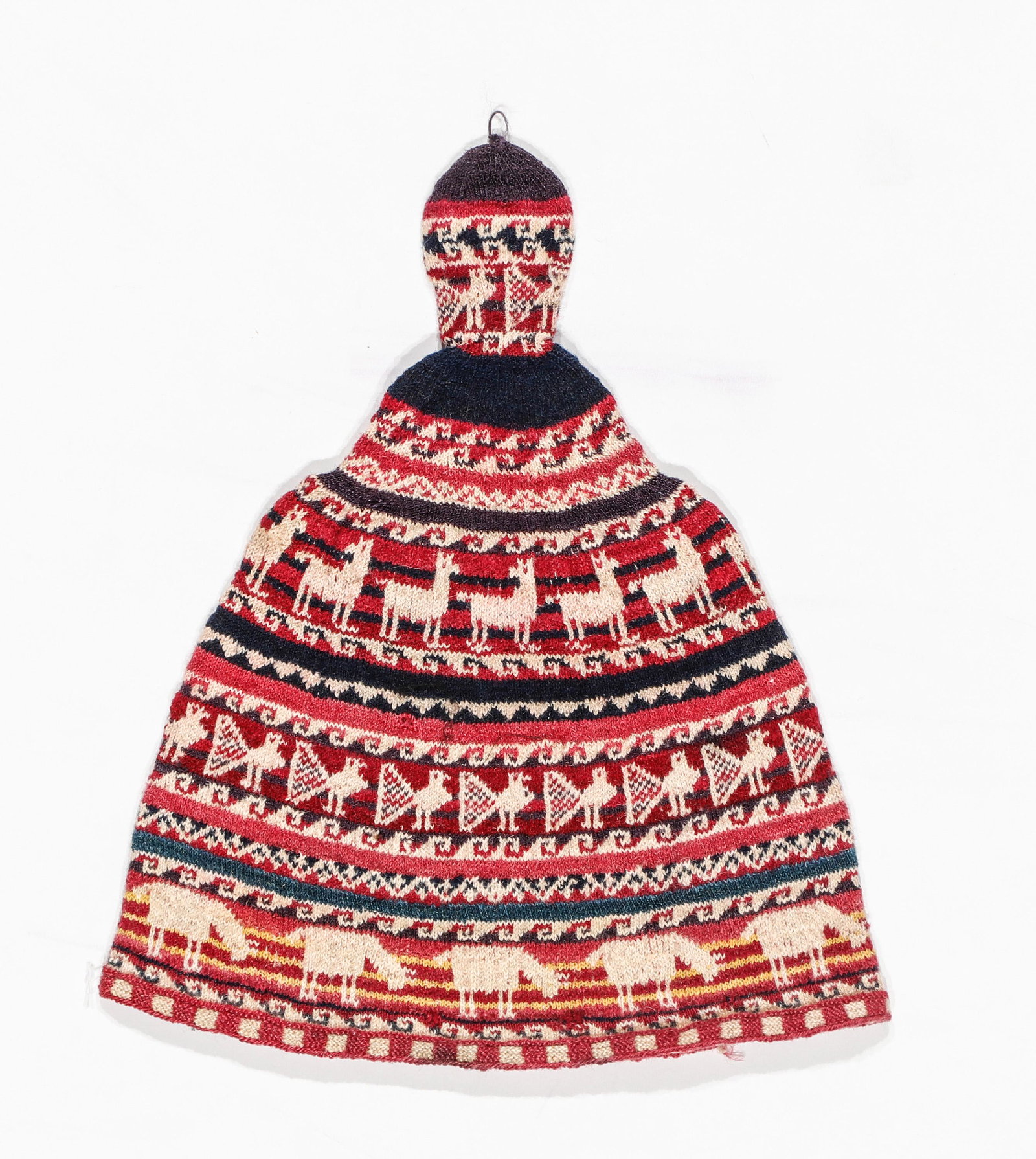 Textile Heirloom Child's Cap, Chullo Dept of La Paz, 19th C.: Textile Heirloom Child's Cap, Chullo Dept of La Paz, 19th C. Worn during infant display at festivals and Christening. Top quality heirloom cap from Calamarca with locally important creatures like the 