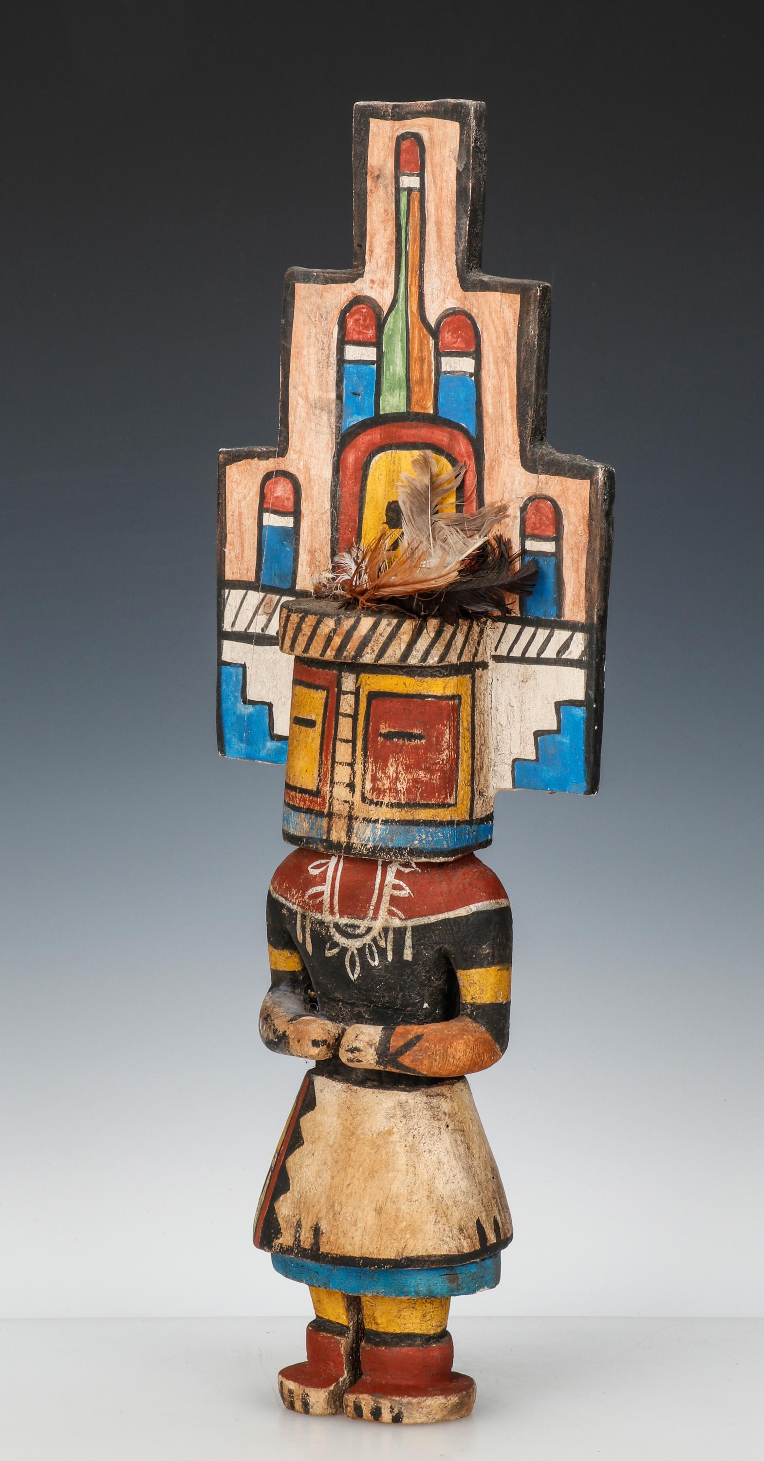 Native American Hopi Kachina Doll: Native American Hopi Kachina Doll. Carved cottonwood, pigment and feathers. Size: 18.5'' x 7'' x 3'' (47 x 18 x 8 cm).