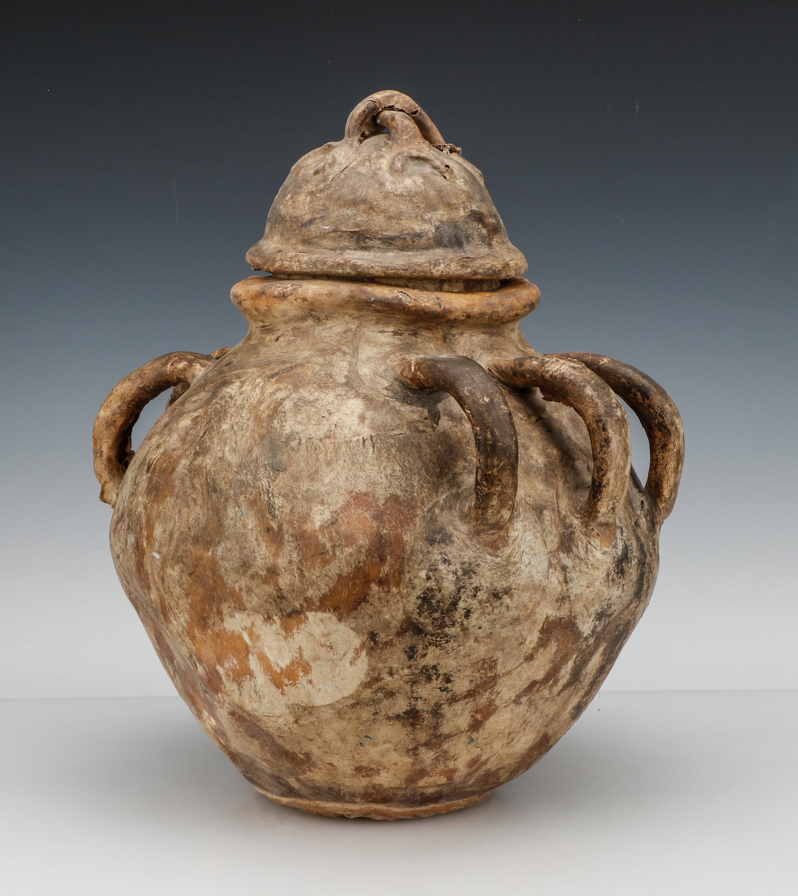 Antique Turkmen Camel Skin Vessel, Northern Afghanistan: Antique Turkmen Camel Skin Vessel, Northern Afghanistan. Extremely rare, elaborately constructed camel skin vessel. Size: 18'' x 14'' x 14'' (46 x 36 x 36 cm).