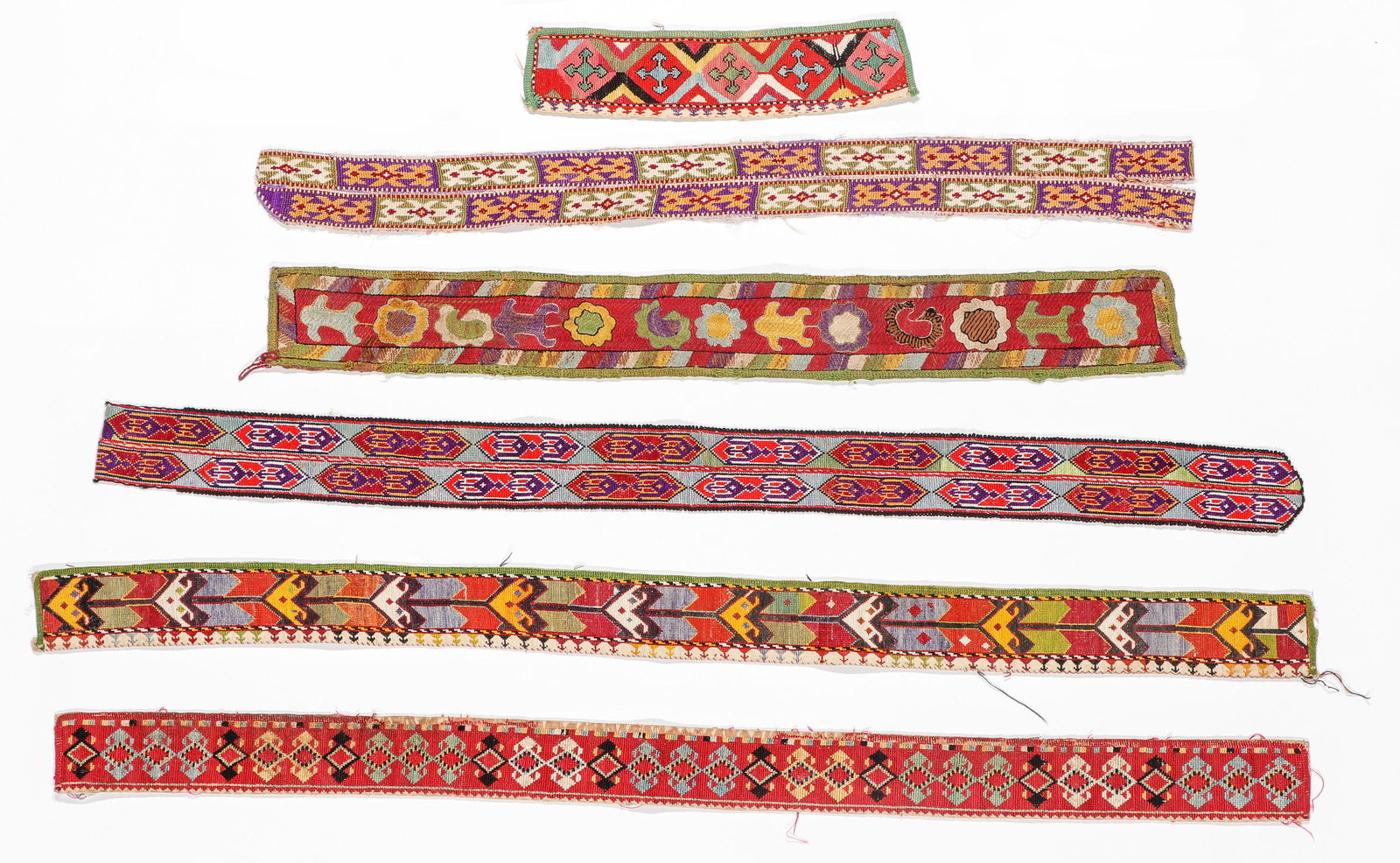 6 Central Asian Embroidered Textile Belts and Trims, Early 20th C. (1 of 2)