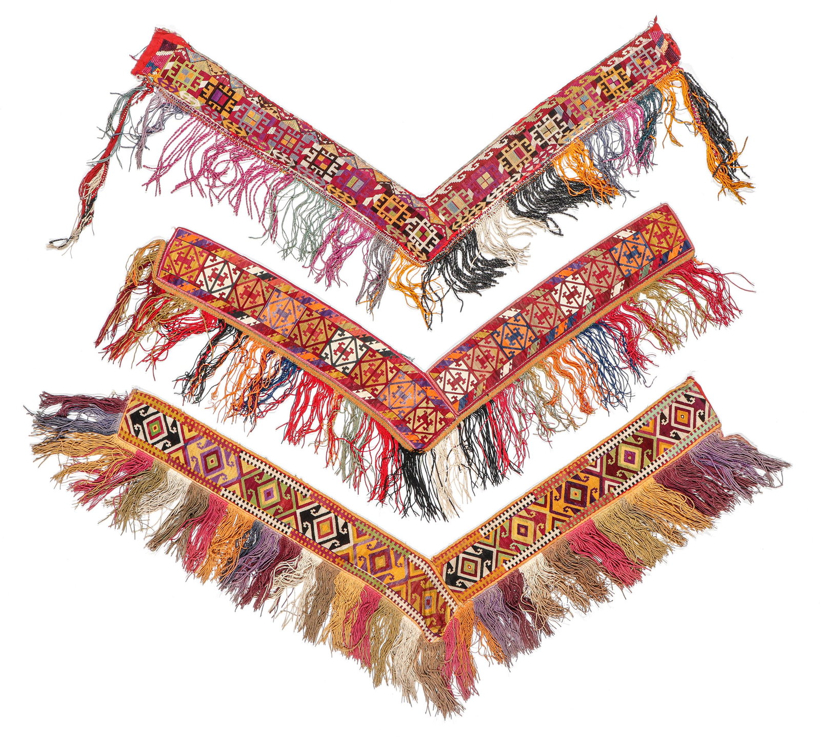 3 Uzbek Segusha Embroidered Hangings, Early 20th C.: 3 Uzbek Segusha Embroidered Hangings, Early 20th C. Silk embroidery on cotton. Size: Each approx 16'' x 33'' (41 x 84 cm).