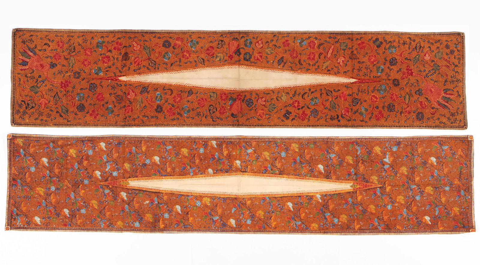 Two Kemben Breast Cloths, Indonesia, 1960s-1970s: Two Kemben Breast Cloths, Indonesia, 1960s-1970s. In the Semarangan style, made for the Sumatran market. The one with the the bird is hand drawn tulis, while the other is hand-stamped with manual appl
